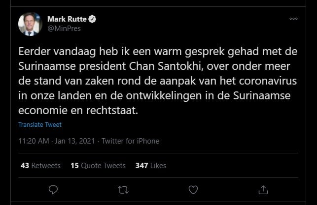 Surinaamse president volgende maand op bezoek bij Rutte