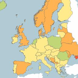 Vakantiekaart | Vrijwel heel de EU kleurt geel, Spanje en deel Portugal oranje
